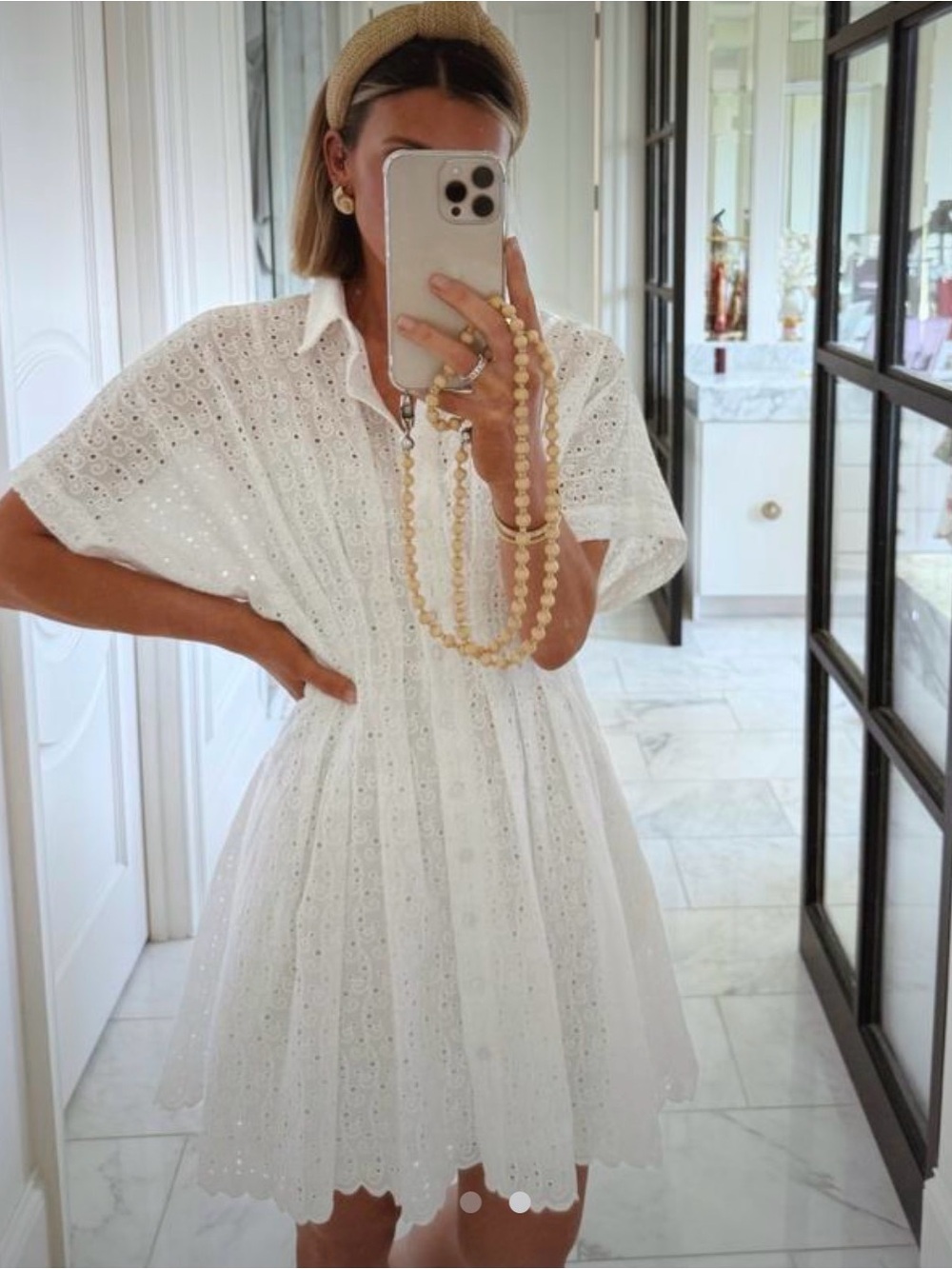 White Eyelet Shirt Mini Dress with Collar